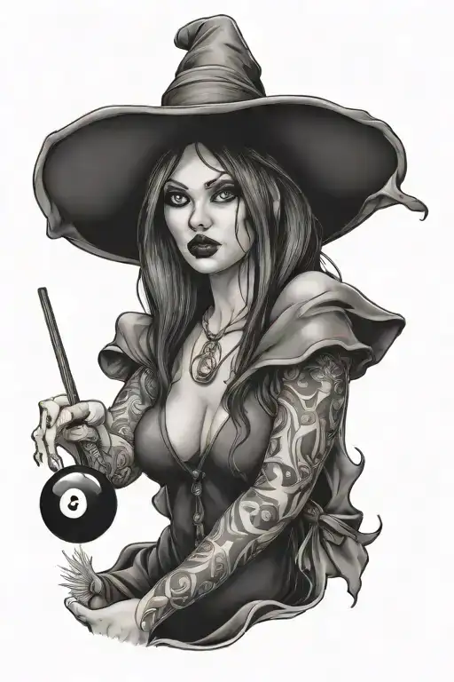 sexy witch playing pool 8 ball tattoo design idea