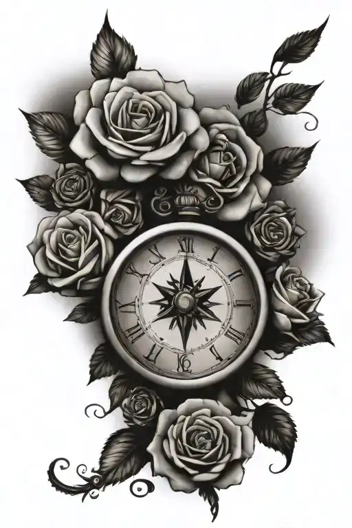 roses, clock, clouds, compass, sunlight  tattoo design idea