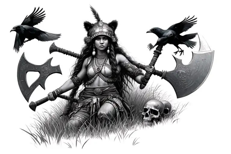 grey drawn indian warrior girl with bear head hat dual wielding axe's. in a grass field surounded by crows and skull tattoo design idea