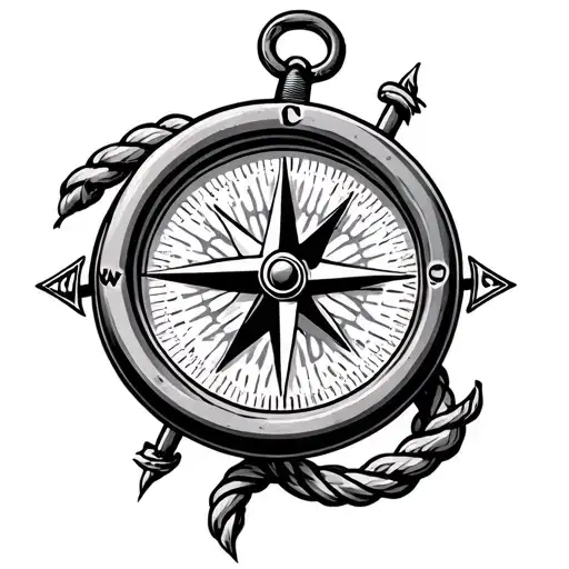 A relief compass with an anchor of boat and the rope on a seabed tattoo design idea