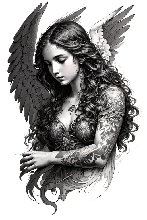 The sketch “Duel of Eternity, Hyperontracy style Traditional with elements of realism in faces and anatomy.  Angel (the top of the sleeve tattoo design idea