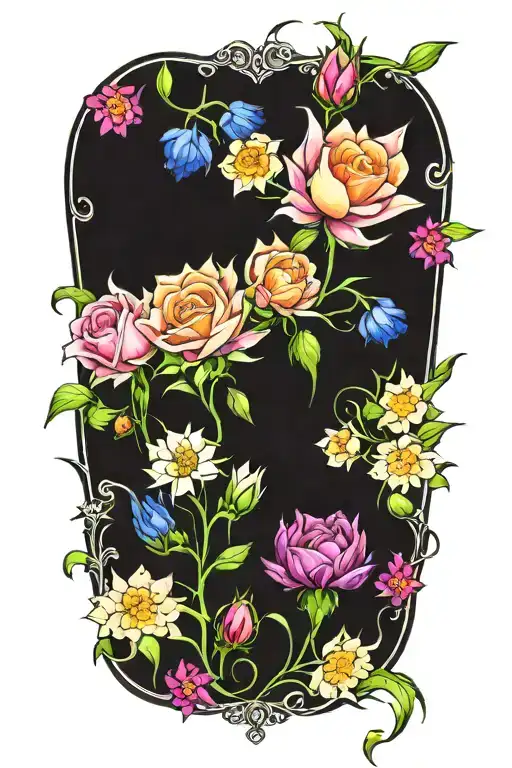 Design a floral tattoo with thistle, roses, cornflowers, shamrock flowers, dafodil  and lily of the valley tattoo design idea