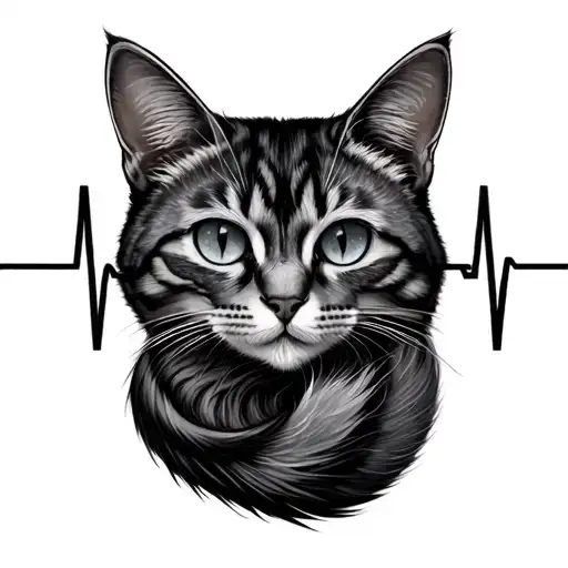 signature incorporated into heartbeat with cat tail tattoo design idea