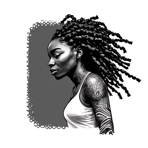 black woman full body with locs running in dot work tattoo design tattoo design idea