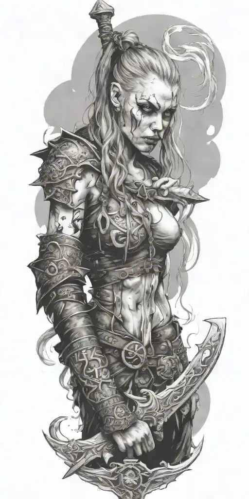 viking zombie girl all bloody sword with cuff tattoo design idea