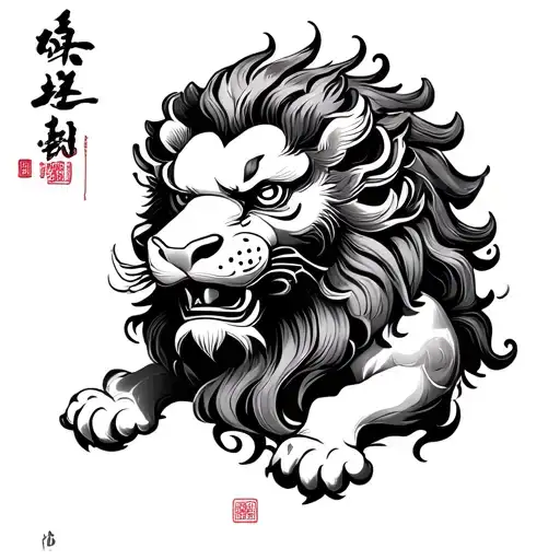 Chinese lion in linear black and white with drag -tapered shadow tattoo design idea