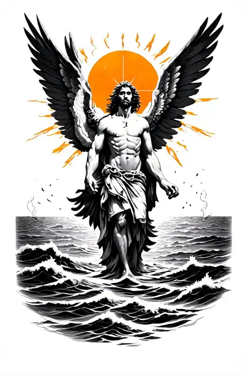 The fall of Icarus, the sun is behind him, the sea on the bottom and a light cross tattoo design idea