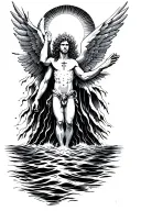 The fall of Icarus, the sun is behind him, the sea on the bottom and a light cross tattoo design idea