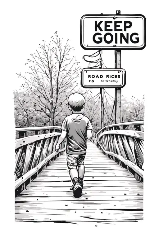"KEEP GOING " kid walking on a bridge with a sign saying Road to riches tattoo design idea