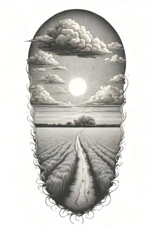 Field path around clouds at the end of the path a sun with 2 birthdays in it and 4 birthdays in the sunbeams tattoo design idea