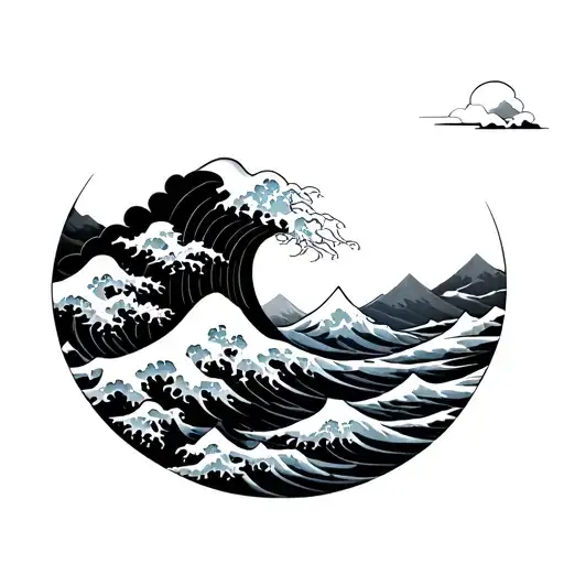 japanese waves, clouds, mountains tattoo design idea