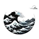 japanese waves, clouds, mountains tattoo design idea