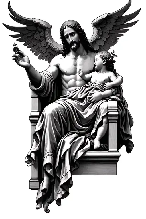 jesus on kings throne holding baby girl tattoo design idea
