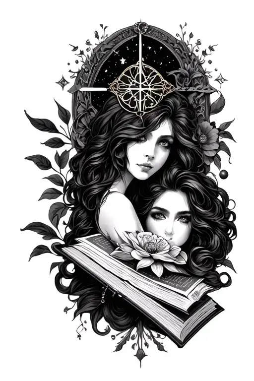 Create me a lower arm tattoo sleeve featuring elements of the following: charmed symbol, dark romance books, celestial tattoo design idea