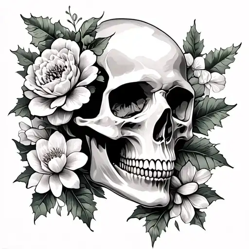 A tattoo of a 3/4 side profile of skull with 2 carnations, holly, daffodils, violets, and a water lily tattoo design idea
