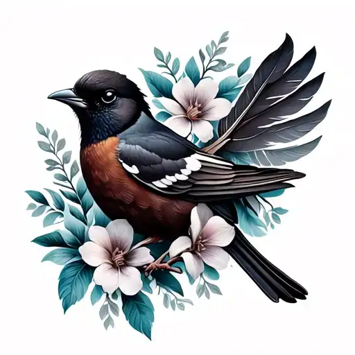 august bird perched feathers and flowers growing tattoo design idea