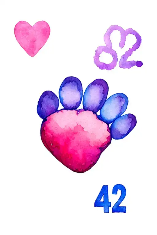 chemical symbol of serotonin on top of chemical symbol of dopamine. A pink paw, a purple heart, blue number 42 tattoo design idea