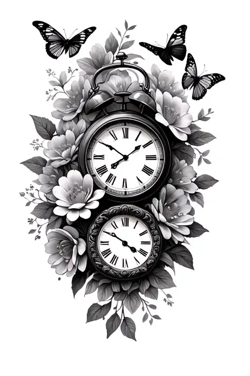 3 birth Clocks with flowers and butterflies around  tattoo design idea