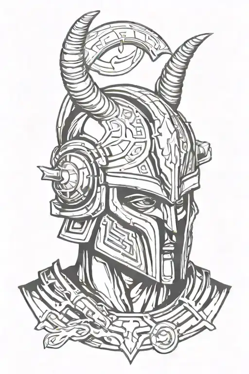 the geek god ares, horns helmet in a 3/4 view through camera lens tattoo design idea