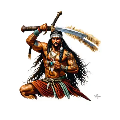 indian warrior wielding a sword tattoo design idea