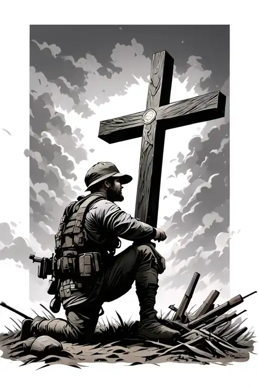 soldier kneeling in a battlefield looking up a t a giant cross tattoo design idea