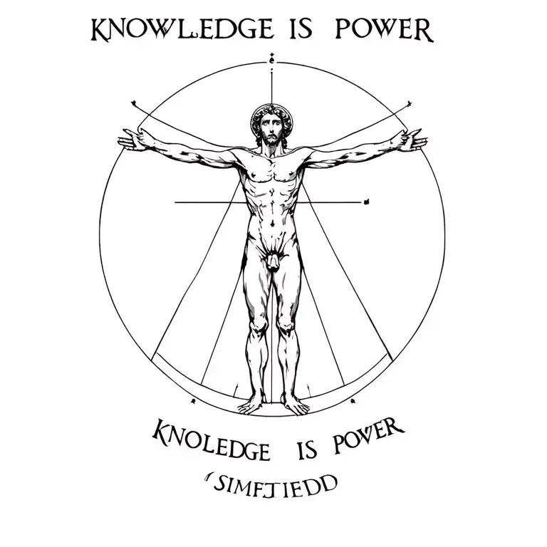 Text "Knowledge is power" and simplified vitruvian man tattoo design idea