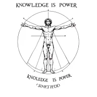 Text "Knowledge is power" and simplified vitruvian man tattoo design idea