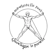Text "Knowledge is power" and simplified vitruvian man tattoo design idea