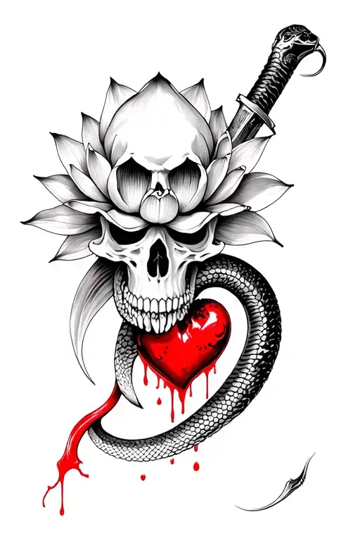 Snake Skull Lotus Dagger Heart blood  black white red tattoo design idea