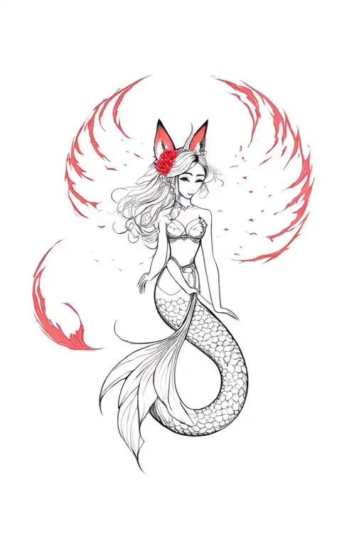 a joseon princess, a red nine tailed fox, a black nine tailed fox, a mermaid tattoo design idea