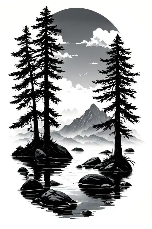 outdoor elements like silhouette trees, water, rocks,  mountains tattoo design idea