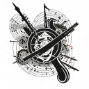 A collage tattoo featuring a mix of Marine Corps insignia, Japanese kanji characters, and computer code, all intertwined with musical staff lines tattoo design idea
