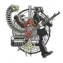 A collage tattoo featuring a mix of Marine Corps insignia, Japanese kanji characters, and computer code, all intertwined with musical staff lines tattoo design idea