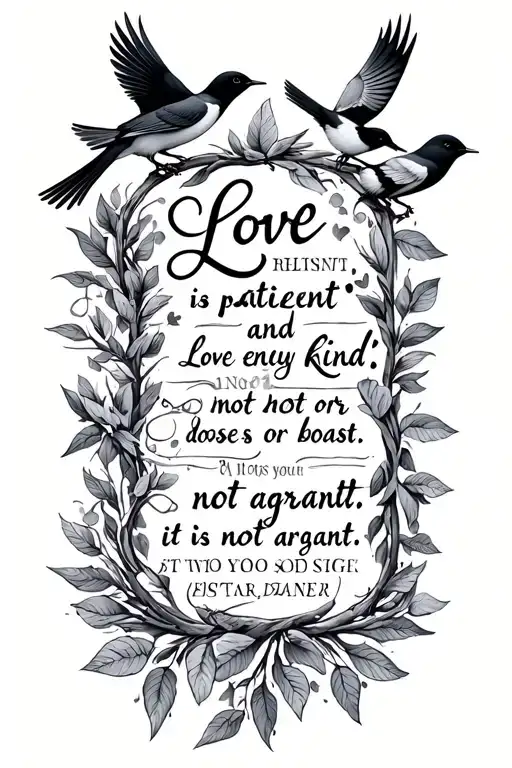 Love is patient and kind; love does not envy or boast; it is not arrogant vertically crosses small birds bibical  tattoo design idea