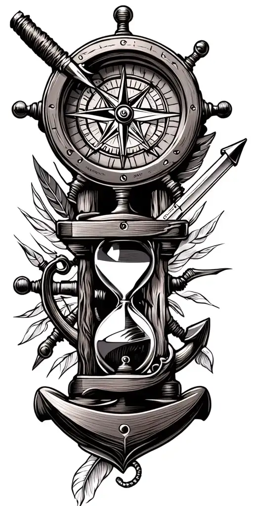 flintlock pistol, cutlass, quill pen, nautical compass, fouled anchor, ship's wheel, hourglass tattoo design idea