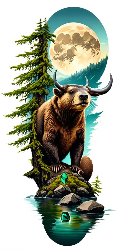 nature tattoo sleeve to get that displays a beaver, willow tree, bear, bull, moon, and emerald with some rocks and tattoo design idea