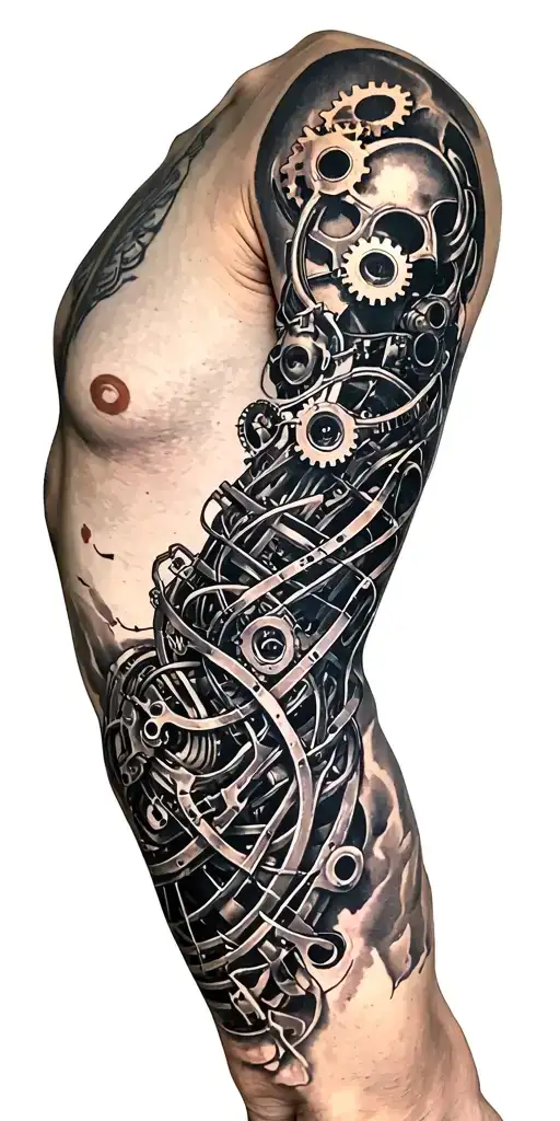 metal parts, gears, pipes, wires, torn skin effect,  realism, black and gray color scheme. On arm tattoo design idea