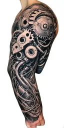 metal parts, gears, pipes, wires, torn skin effect,  realism, black and gray color scheme. On arm tattoo design idea