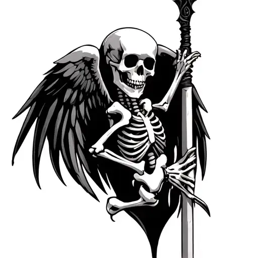 skeleton with wings ansd spear tattoo design idea