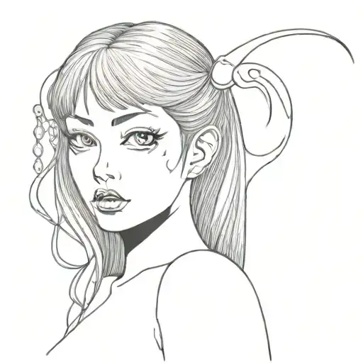 in blackwork style, junji ito's tomie character with a succubus form tattoo design idea