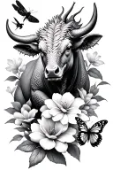 Jasmine flowers with a dragon fly and a butterfly with a brazillian brahma bull. tattoo design idea