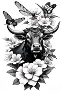 Jasmine flowers with a dragon fly and a butterfly with a brazillian brahma bull. tattoo design idea