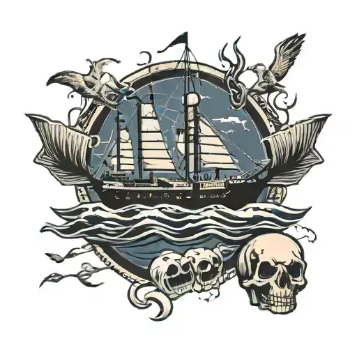 container ship at sea with a crane and a  skull tattoo design idea