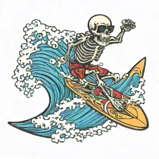 skeleton wearing a Hawaiian shirt and sunglasses surfing a big wave tattoo design idea