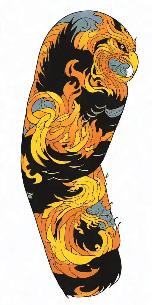 A phoenix is reborn from flames shaped like little men wriggling like maggots. tattoo design idea