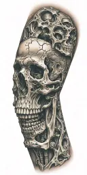 bio - mechanical iron bones in the sleeve, skin tears, colored tattoo design idea