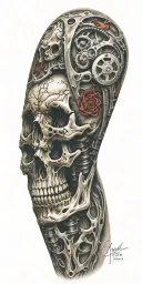 bio - mechanical iron bones in the sleeve, skin tears, colored tattoo design idea