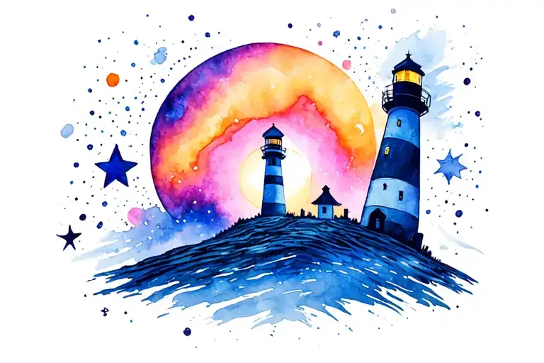 space, star, planet, lighthouse, black hole tattoo design idea
