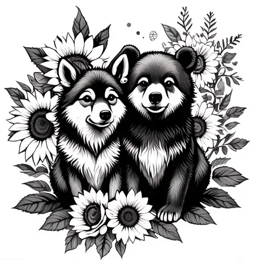  cute baby wolf and bear sitting with sunflowers and roses. black tattoo design idea