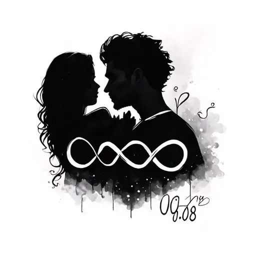 Draw two tattoos on the wire (girl and guy) with an infinity sign and a date 08.08. (Draw a sketch on paper, DV tattoo design idea
